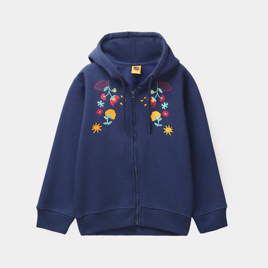 Girls Fleece Jacket Flowers - Navy