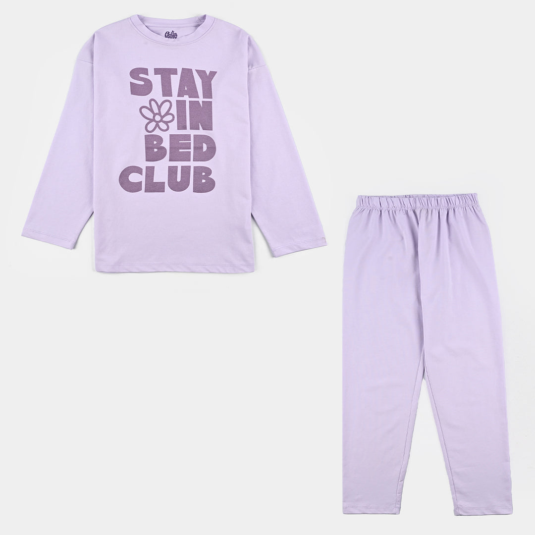 Girls Poly Cotton Jersey Night Suit - Purple
