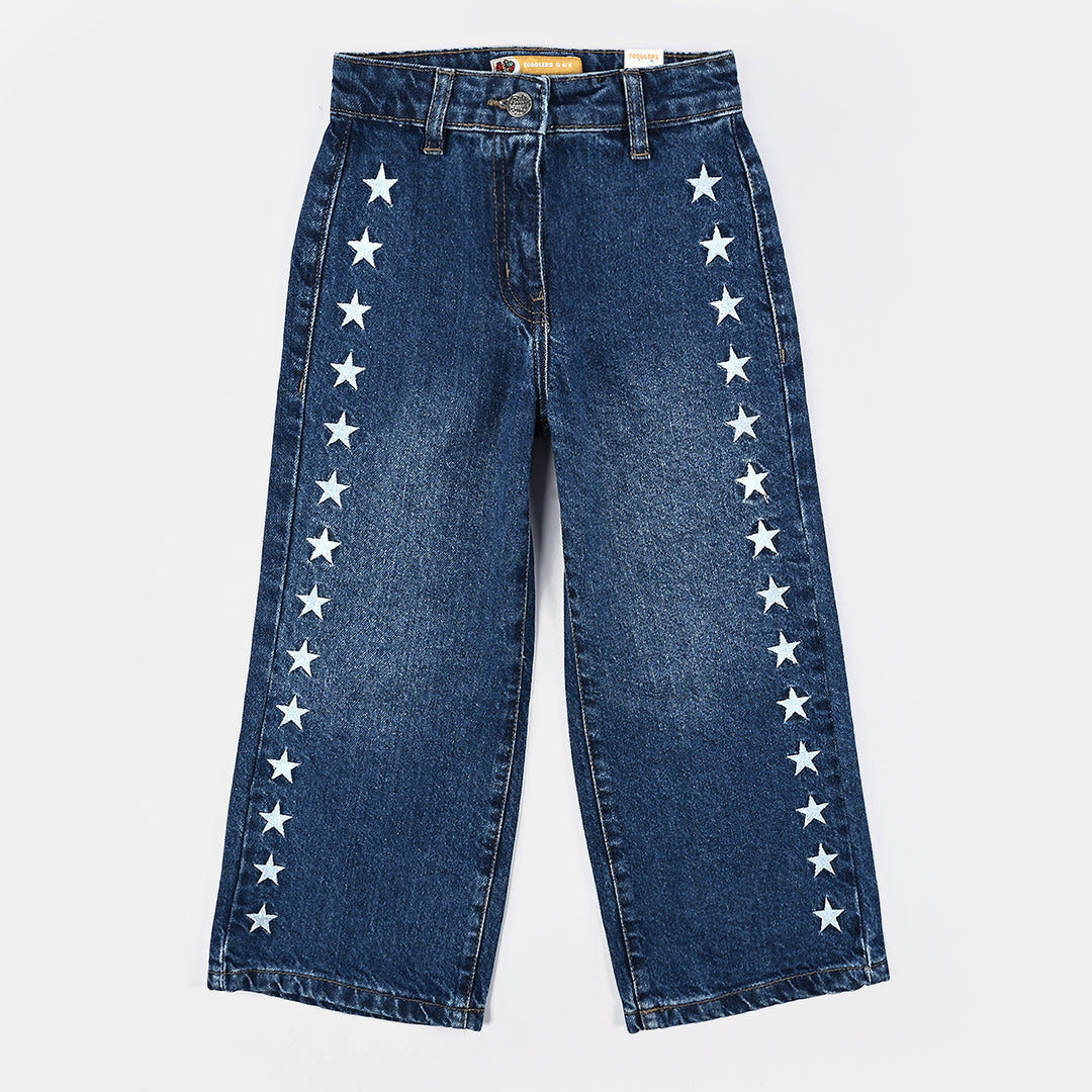 Girls Denim Stretch Pants Embroidered Star - Dark Blue