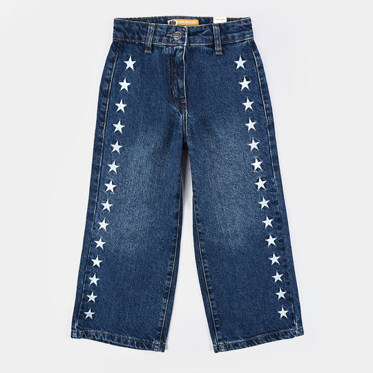 Girls Denim Stretch Pants Embroidered Star - Dark Blue