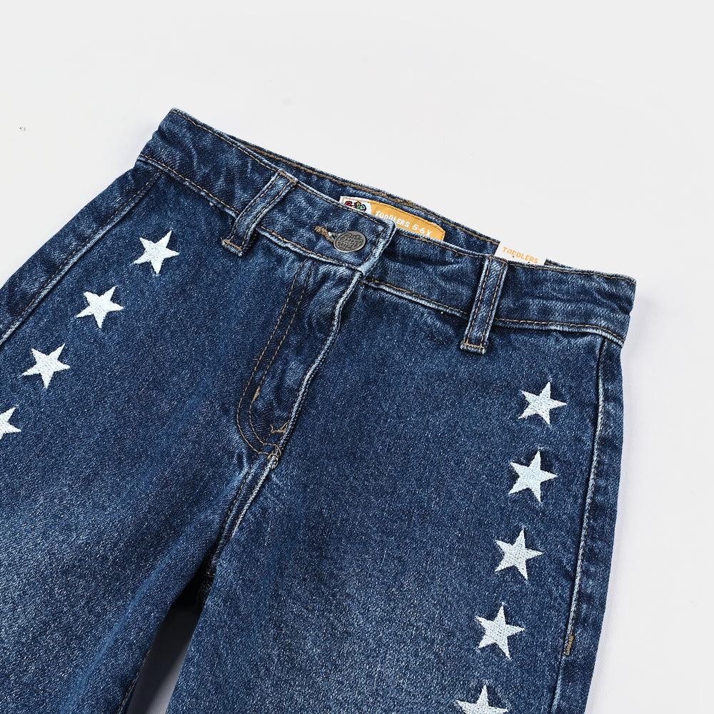 Girls Denim Stretch Pants Embroidered Star - Dark Blue