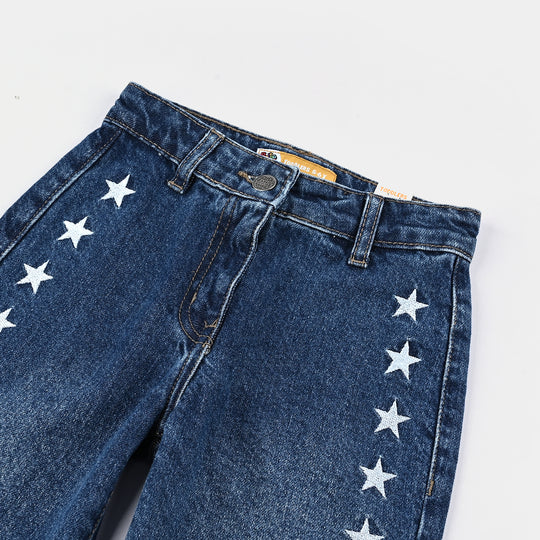 Girls Denim Stretch Pants Embroidered Star - Dark Blue