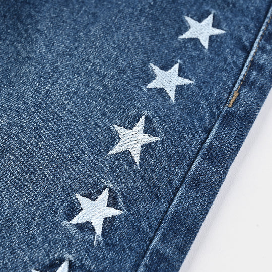 Girls Denim Stretch Pants Embroidered Star - Dark Blue