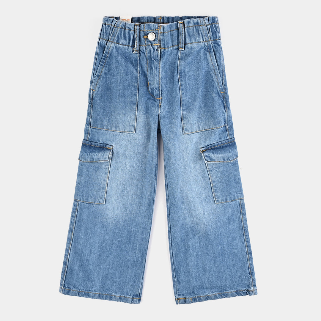 Girls Denim Stretch Pant Cargo - Mid Blue