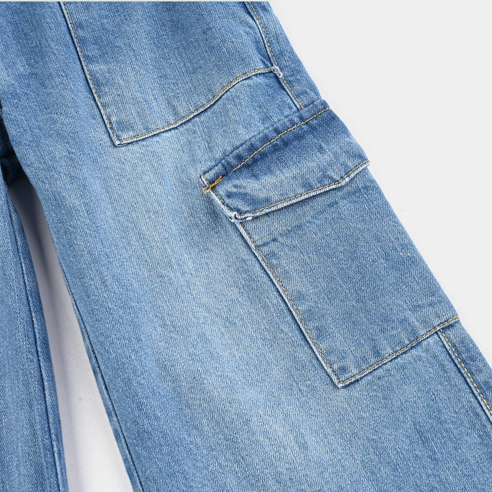 Girls Denim Stretch Pant Cargo - Mid Blue