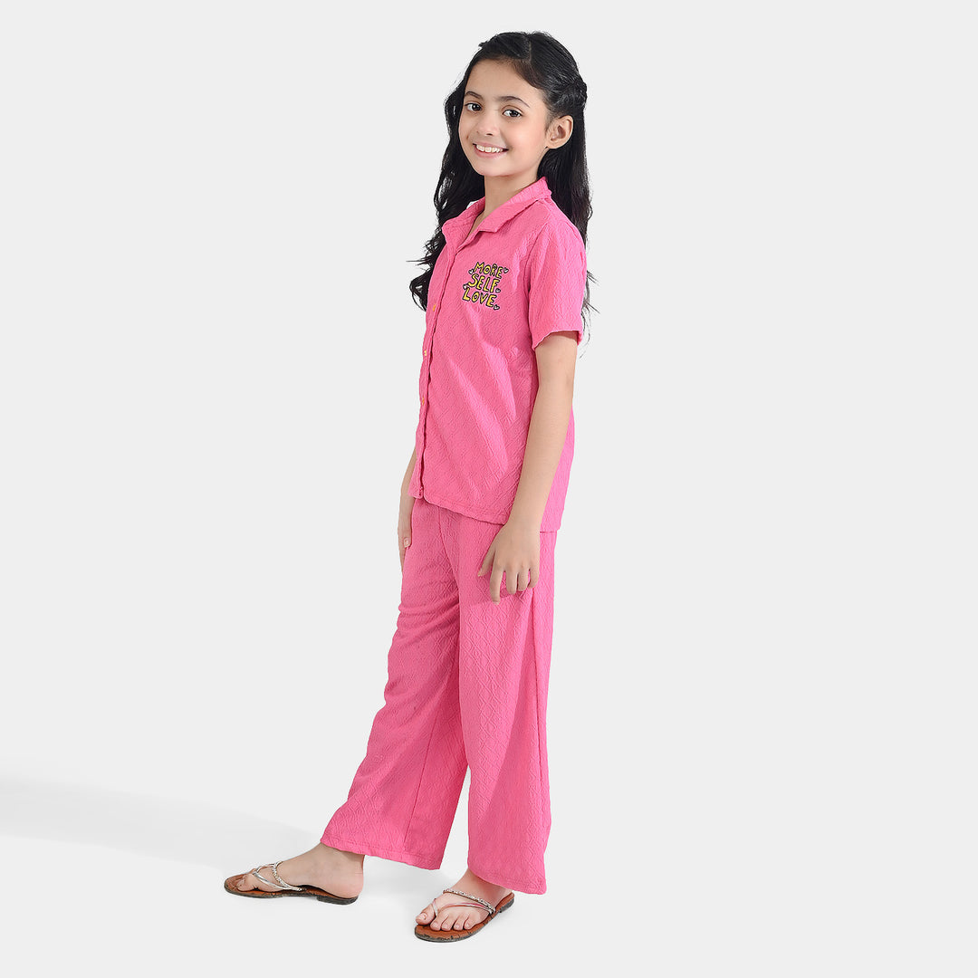 Girls Poly Crinkle 2 Piece Suit More Self Love - Pink