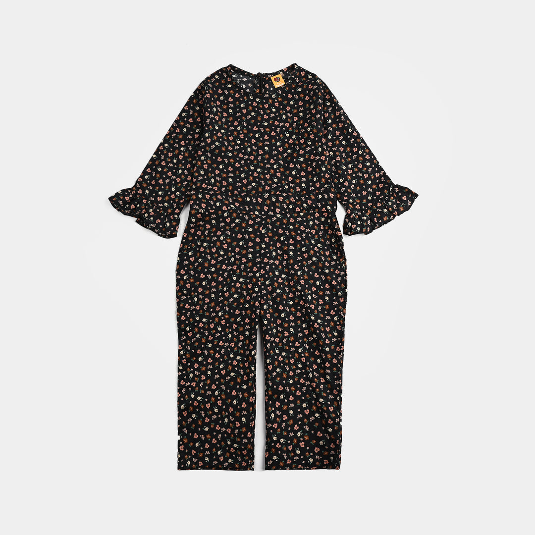 Girls Cotton Poplin Jumpsuit Rust Flowers-Black