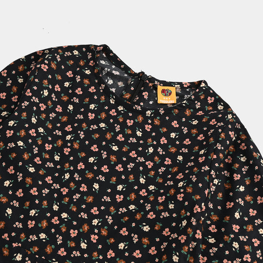 Girls Cotton Poplin Jumpsuit Rust Flowers-Black