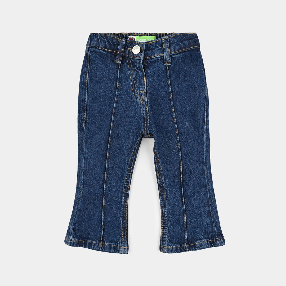 Infant Girls Denim Stretch Pant Plated Flared Style - Dark Blue
