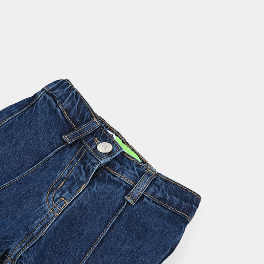Infant Girls Denim Stretch Pant Plated Flared Style - Dark Blue