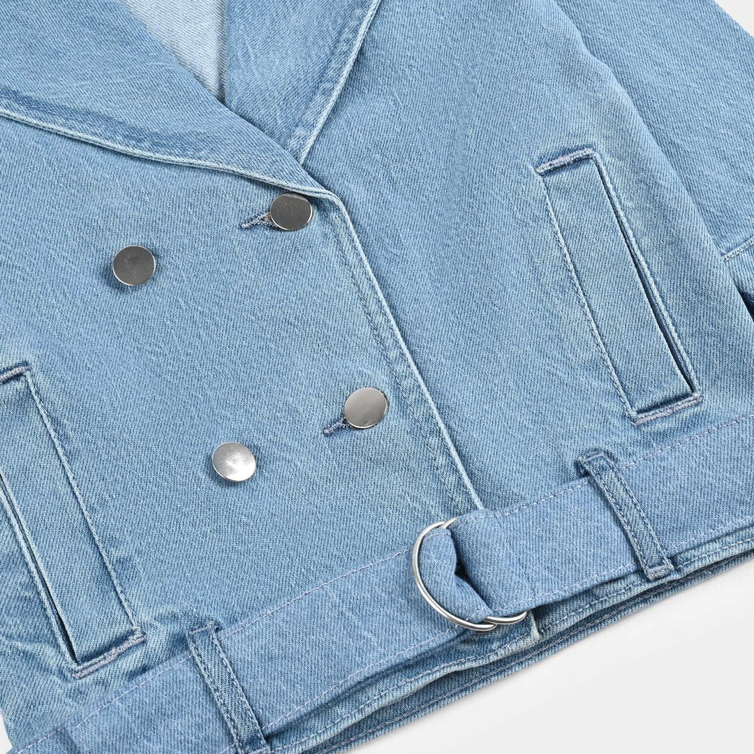 Girls Denim Stretch Jacket Overlap-Light Blue