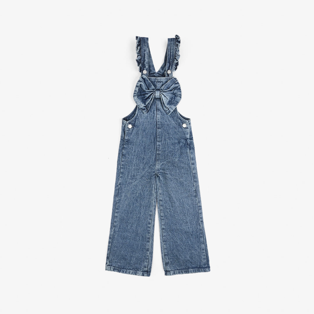 Girls Denim Stretch Dangri Bow-Mid Blue