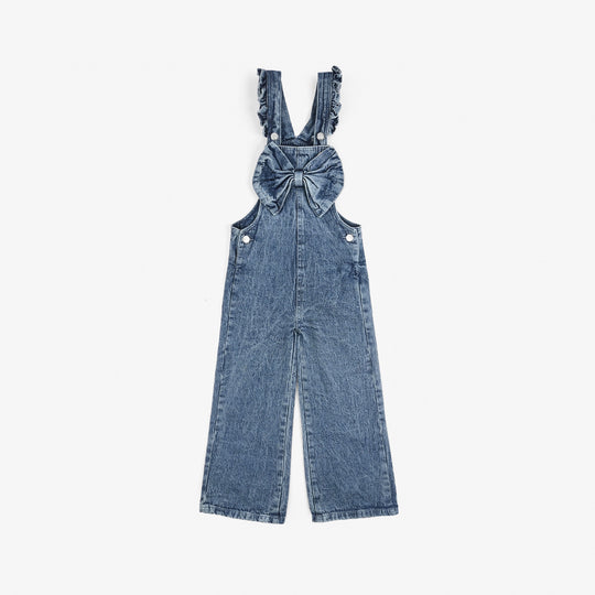 Girls Denim Stretch Dangri Bow-Mid Blue