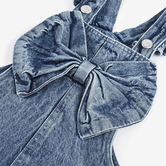 Girls Denim Stretch Dangri Bow-Mid Blue