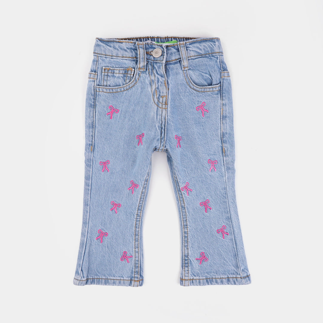 Infant Girls Denim Stretch Pant All Over Bow-Mid Blue