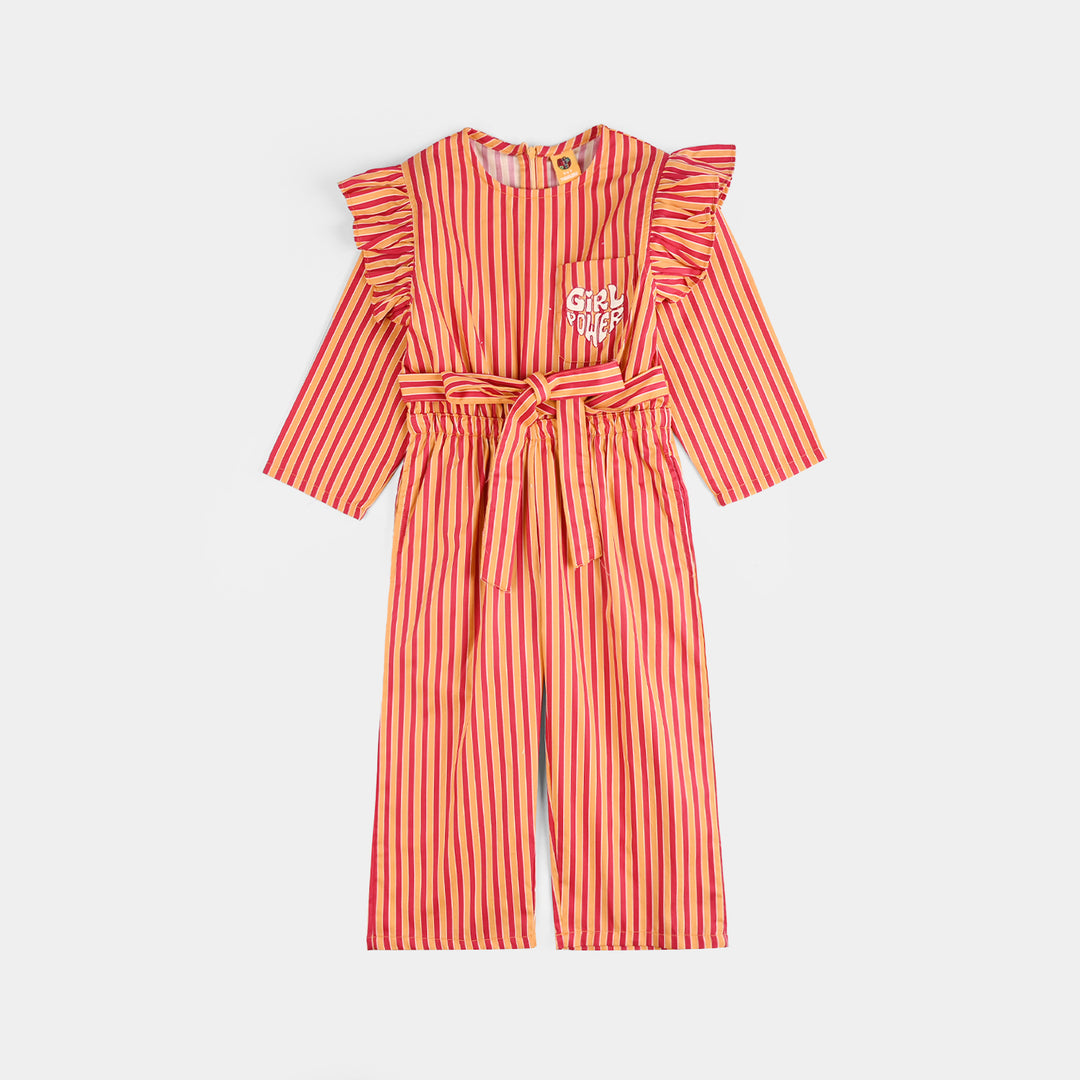 Girls Cotton Poplin Emb Jumpsuit Stripes-Multi