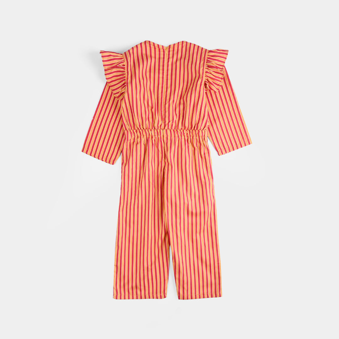 Girls Cotton Poplin Emb Jumpsuit Stripes-Multi