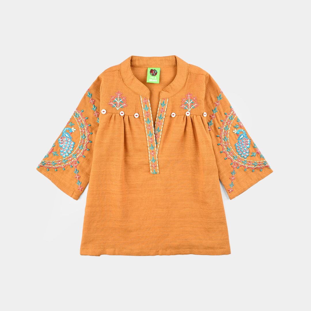 Infant Girls Cotton Slub Embroidered Kurti - Mustard