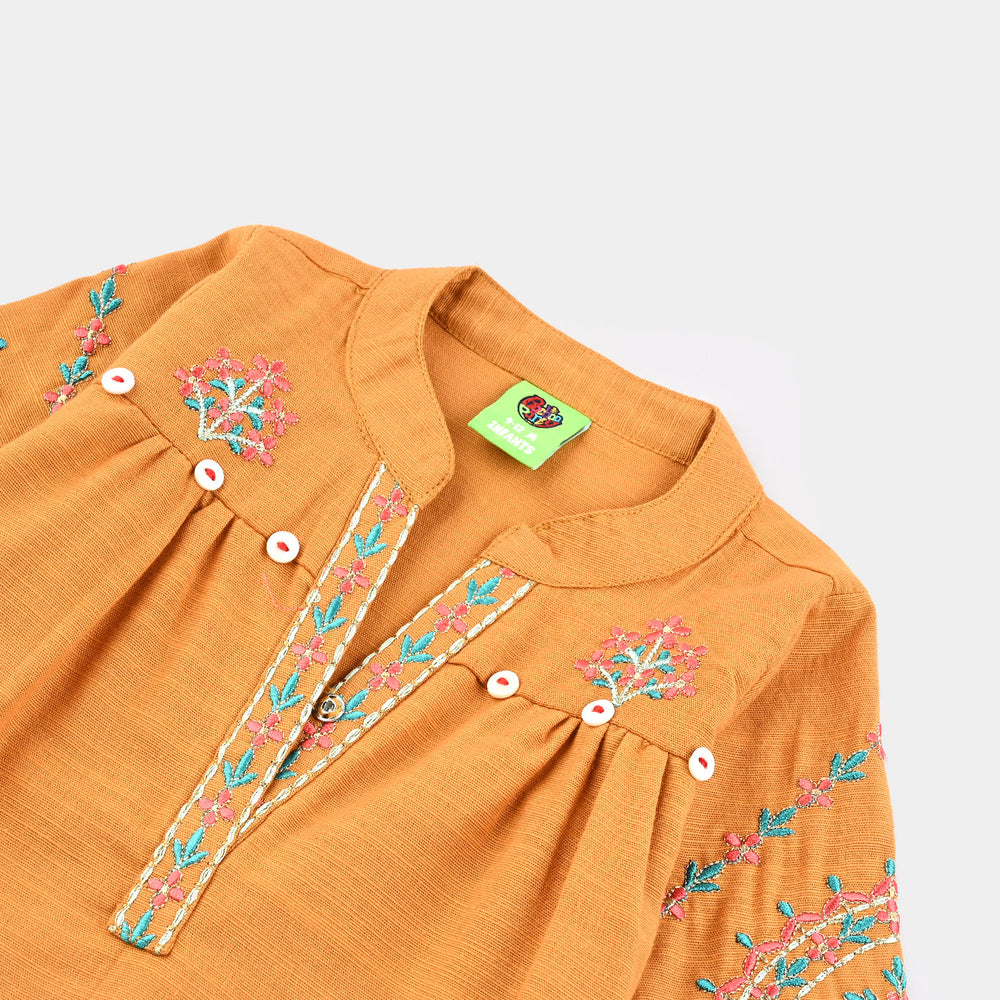Infant Girls Cotton Slub Embroidered Kurti - Mustard