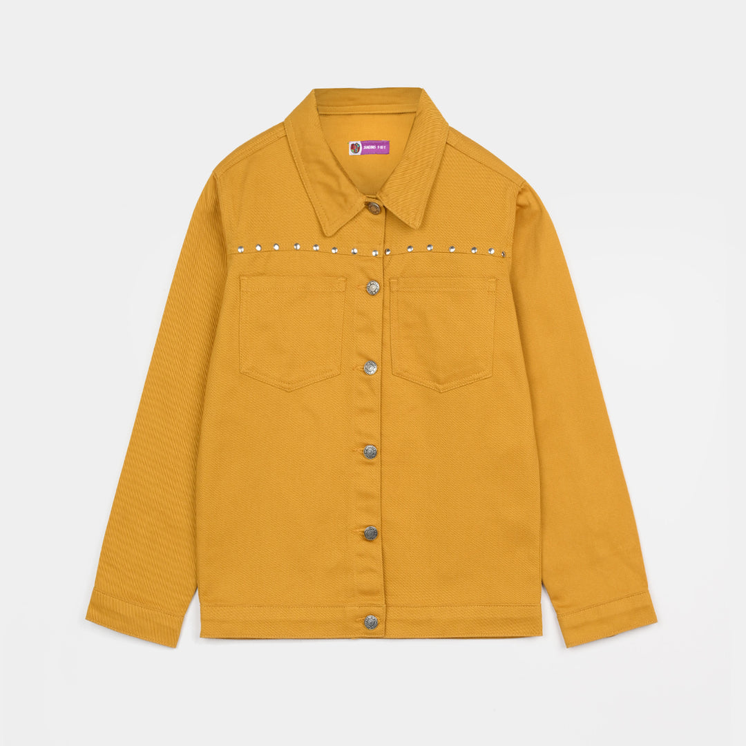 Girls Cotton Twill Woven Jacket Eyelets - Mustard