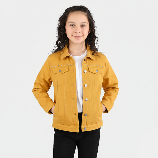Girls Cotton Twill Woven Jacket Eyelets - Mustard