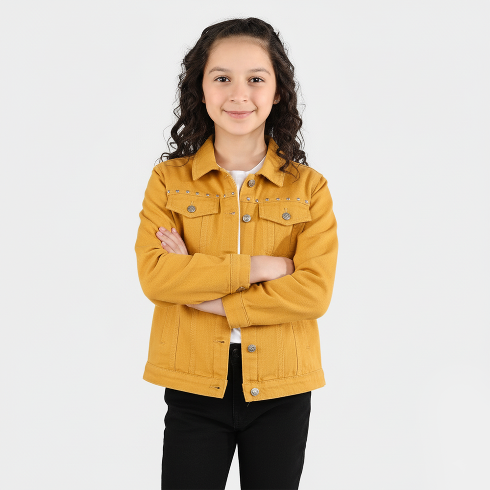 Girls Cotton Twill Woven Jacket Eyelets - Mustard