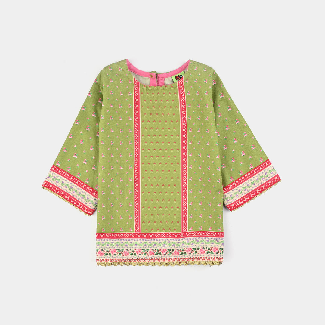 Infant Girls Cotton Poplin Printed Kurti Desi - Green