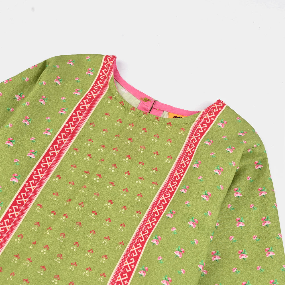 Girls Cotton Poplin Printed Kurti Desi - Green