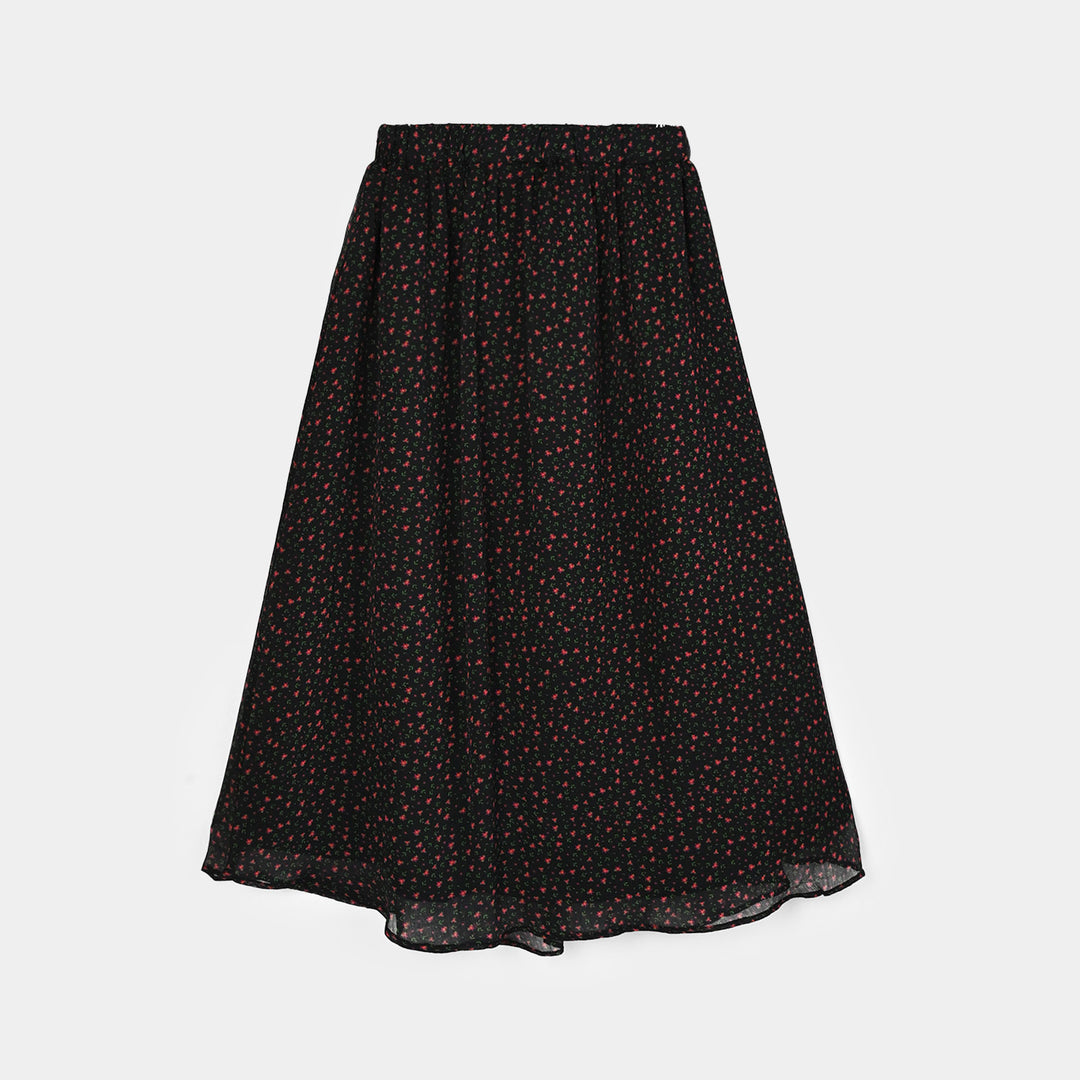 Girls Chiffon Long Skirt Tiny Flower - Black