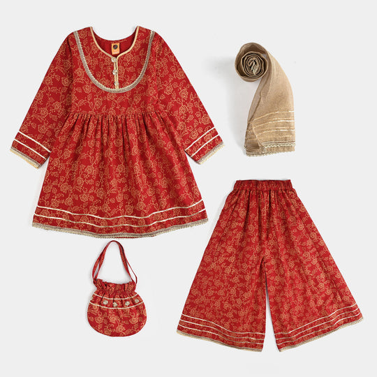 Girls Raw Silk 4PCs - Red