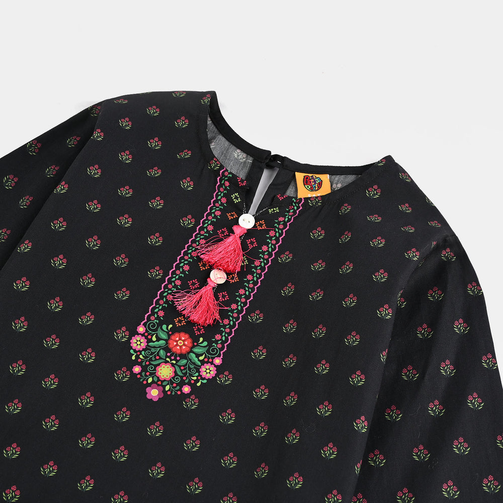 Girls Cotton Printed Kurti - Black
