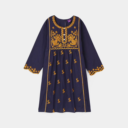 Girls Cotton Embroidered Kurti  - Navy Blue