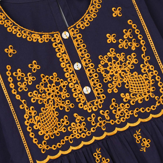 Girls Cotton Embroidered Kurti  - Navy Blue