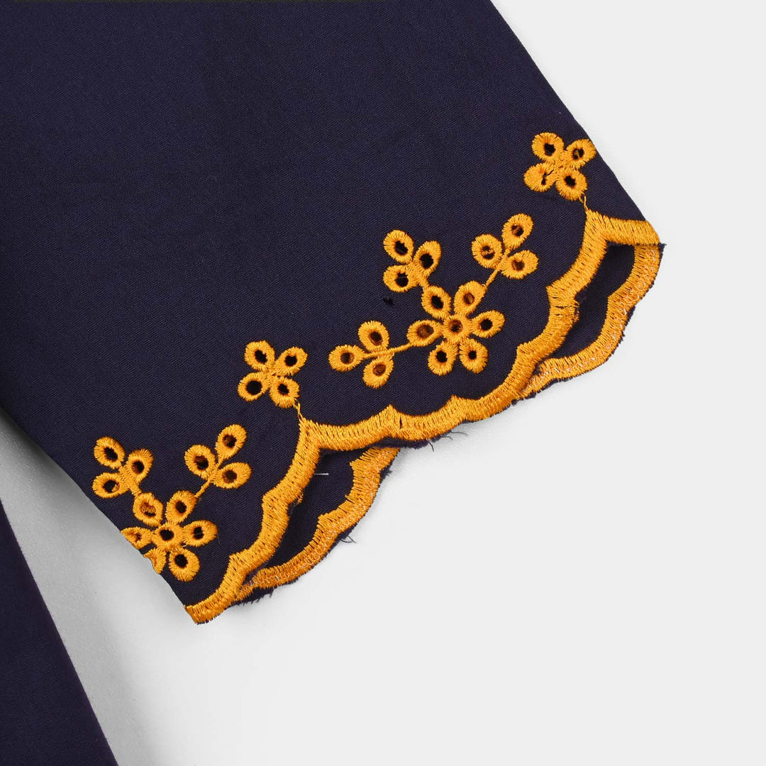 Girls Cotton Embroidered Kurti  - Navy Blue