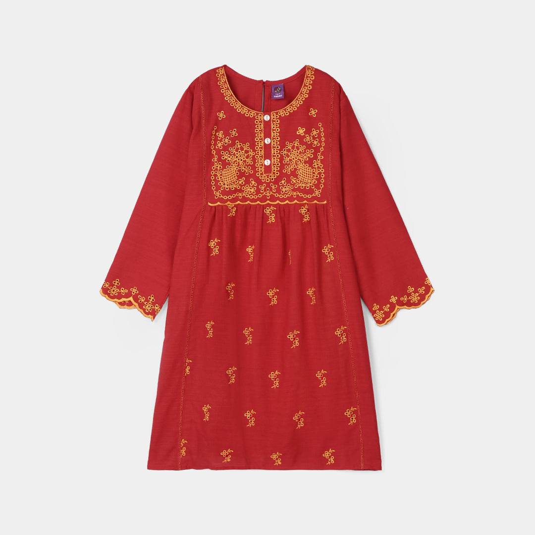 Girls Raw Silk Embroidered Kurti - Maroon