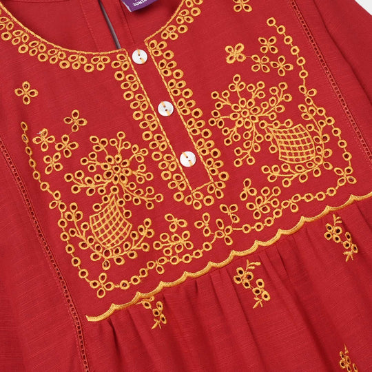 Girls Raw Silk Embroidered Kurti - Maroon
