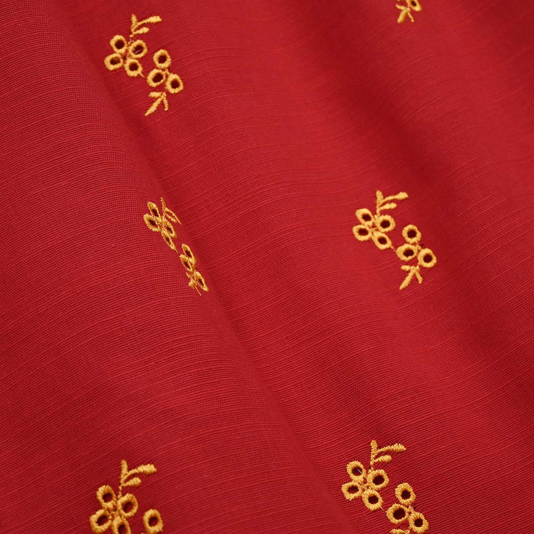 Girls Raw Silk Embroidered Kurti - Maroon