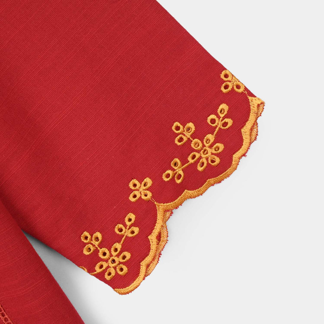 Girls Raw Silk Embroidered Kurti - Maroon