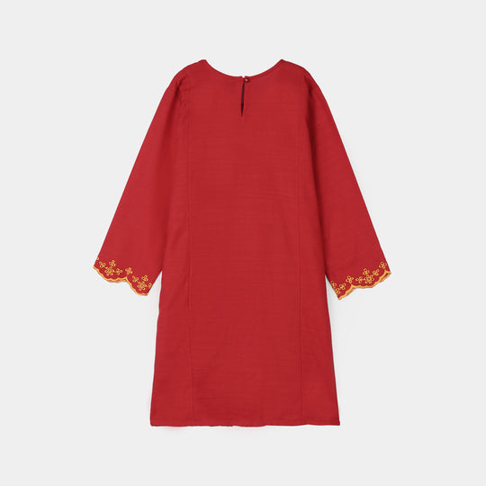 Girls Raw Silk Embroidered Kurti - Maroon