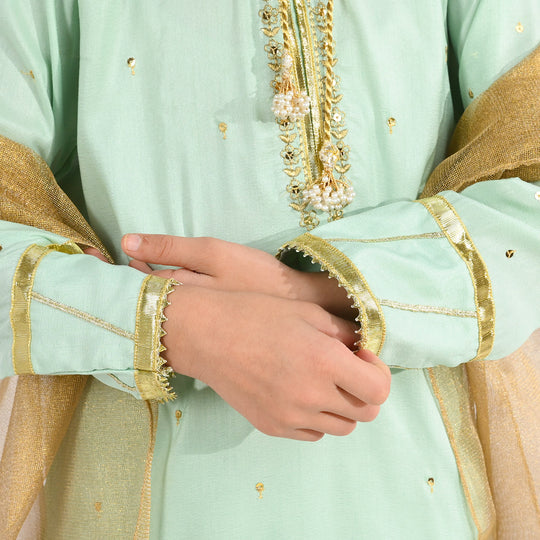 Girls Raw Silk 3-Piece Set (Chaman) - Mint Green