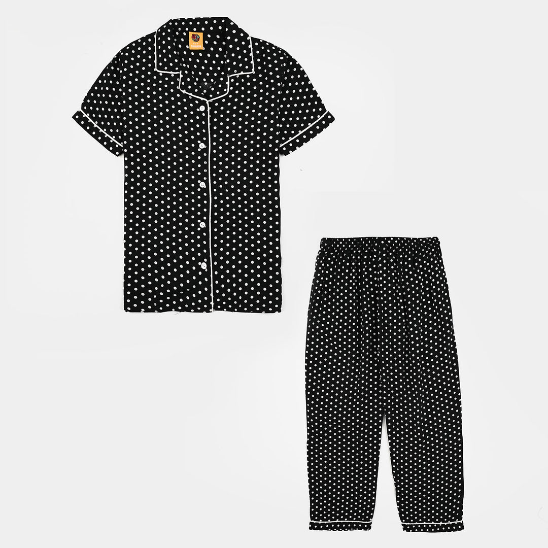 Girls Viscose Night Suit (Polka Dot) - Black