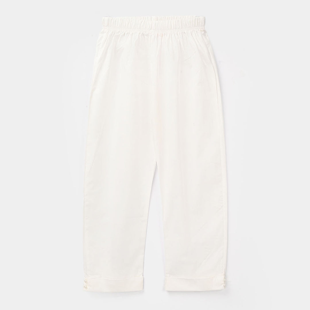 Girls Cotton Pants Cuff - White
