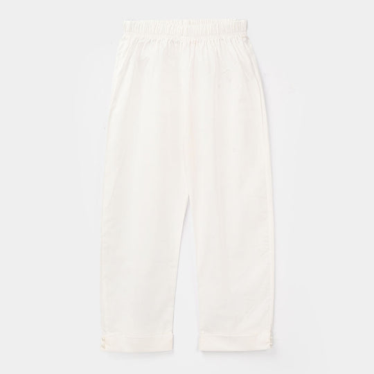 Girls Cotton Pants Cuff - White