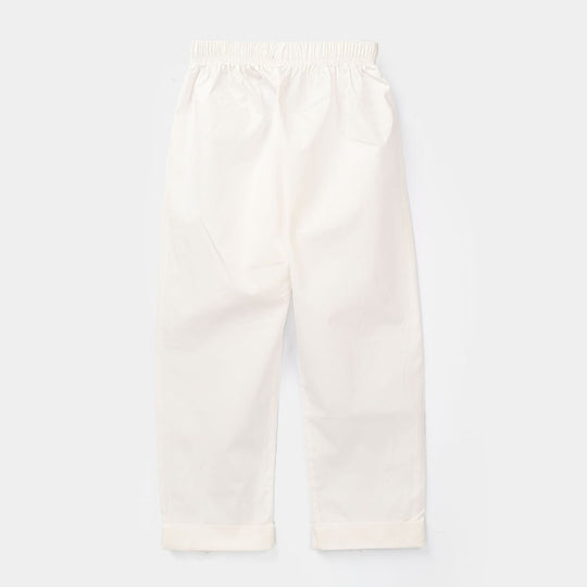 Girls Cotton Pants Cuff - White