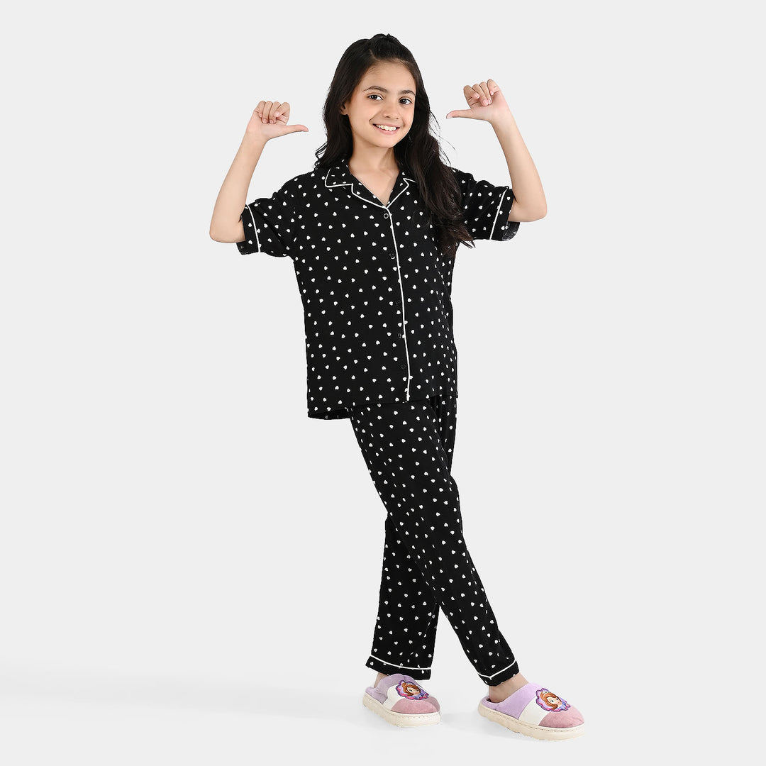 Girls Viscose Night Suit (Heart) - Black