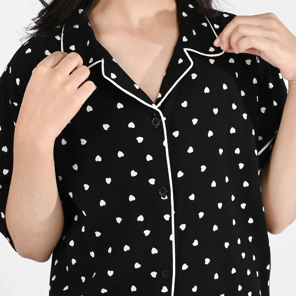 Girls Viscose Night Suit (Heart) - Black