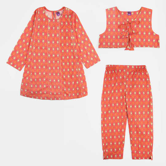 Teens Girls Cotton Printed 3Pcs Pink Koti - Multi