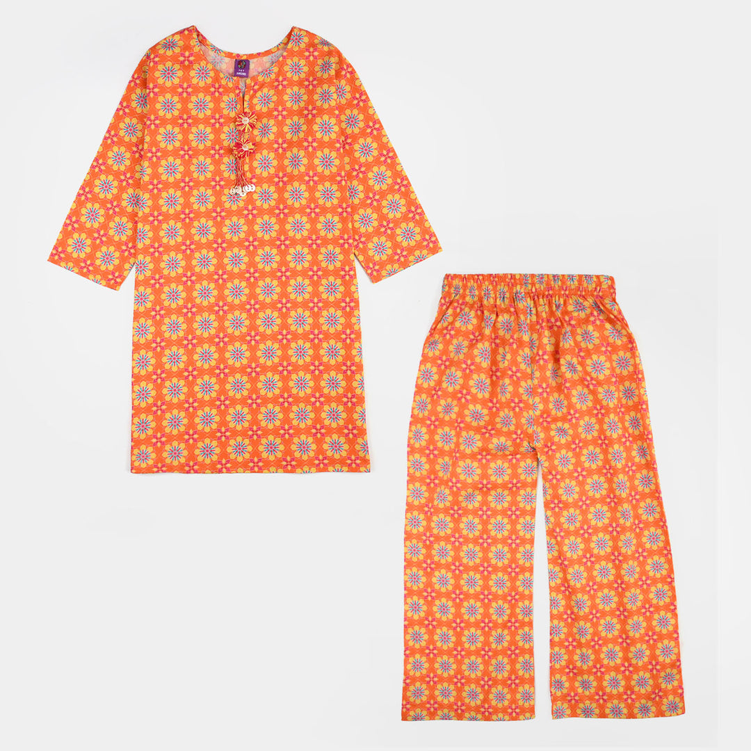 Girls Cotton Printed 2Pcs Orchid - Orange