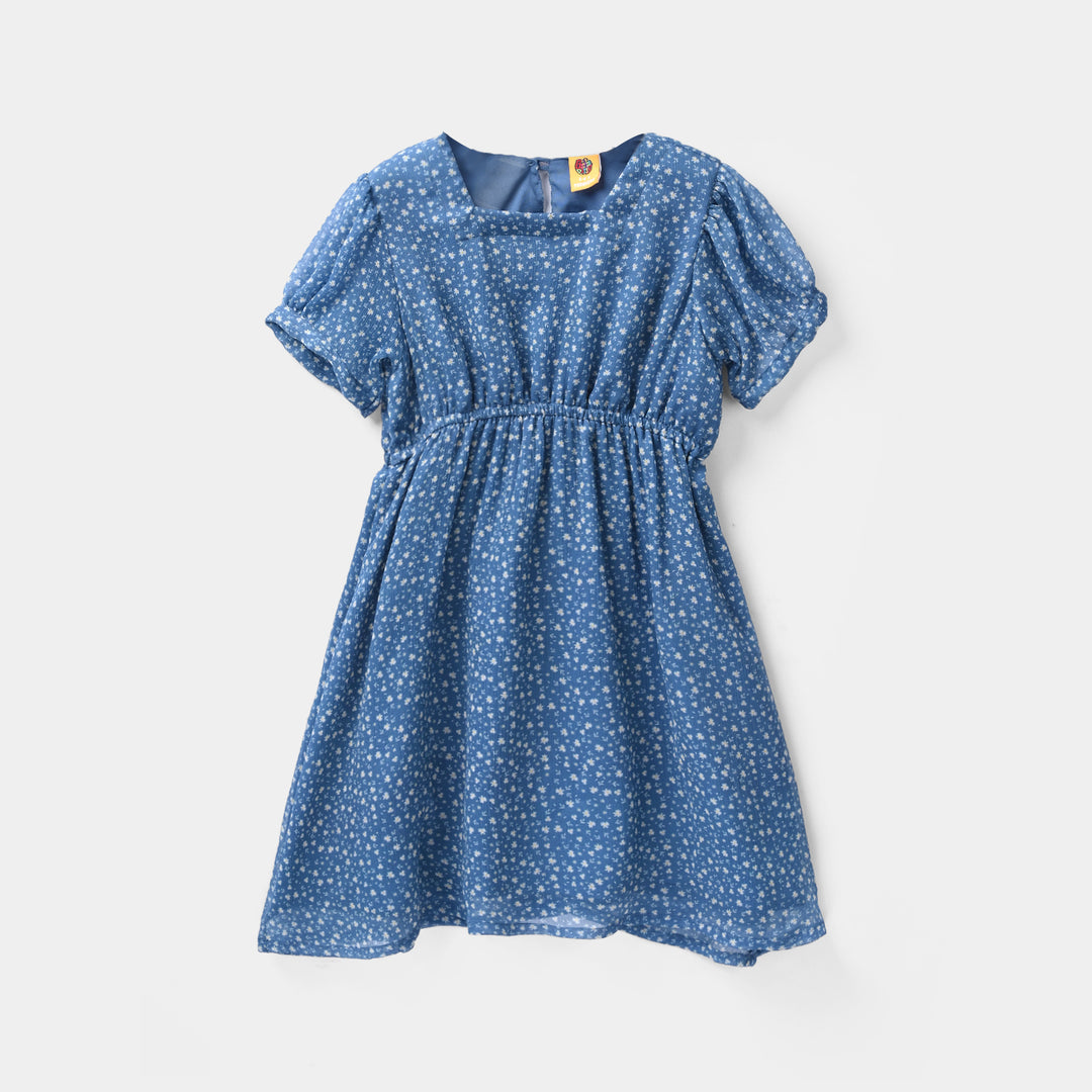 Girls Chiffon Casual Floral Frock - Blue