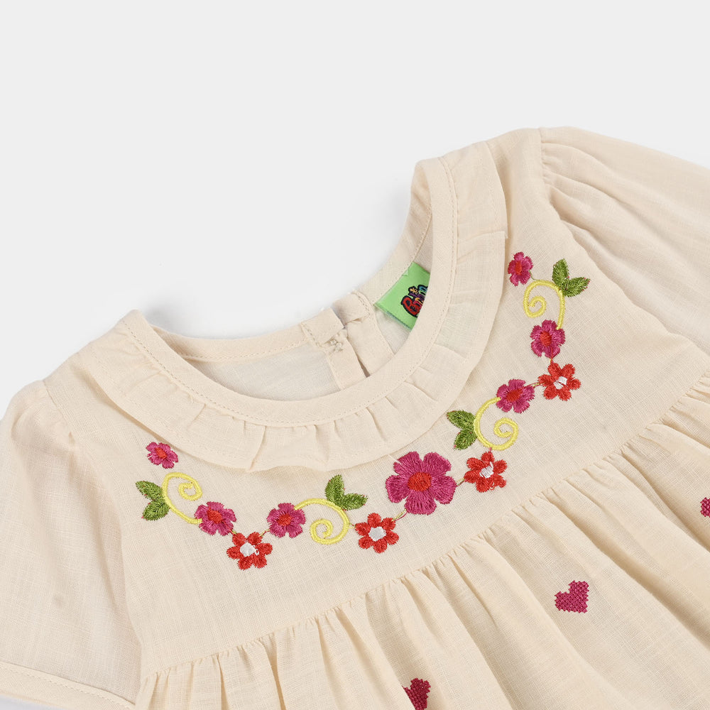 Infant Girls Cotton Slub Embroidered Top (Pink Flowers) - Beige